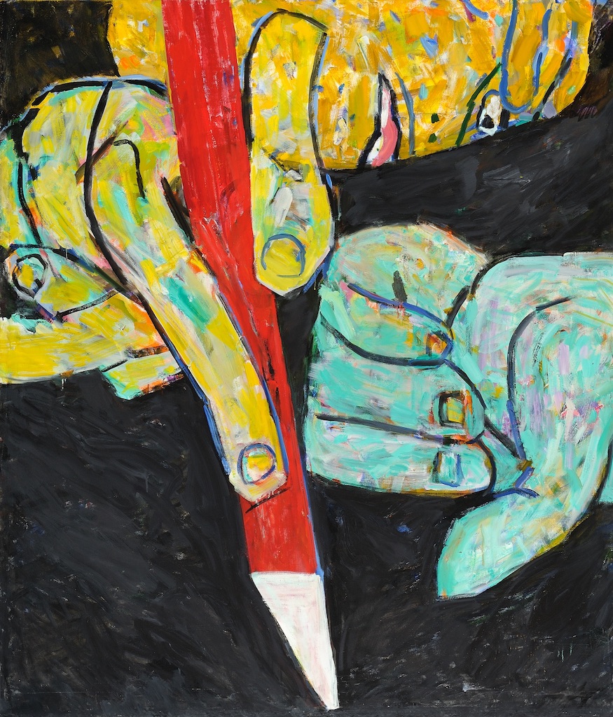 Against a black/dark background is a humanoid figure holding a pencil. There is no body, only a yellowish head in the top center; a green hand in a thumbs down position coming from the middle right hand side; and a yellow hand holding a large red pencil on the top left hand side of the painting.