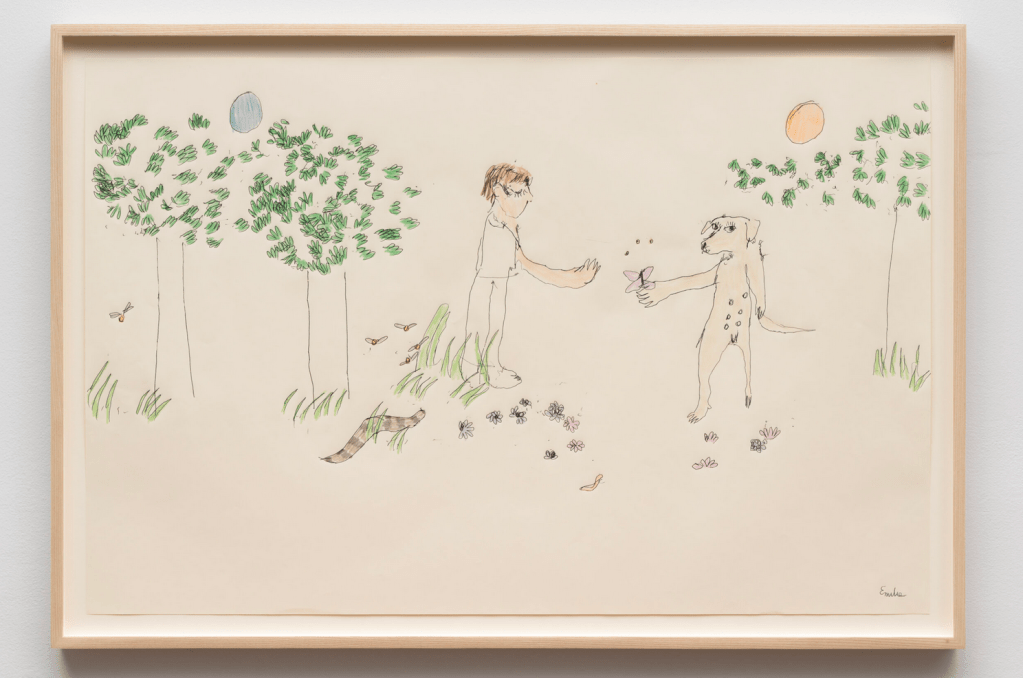 A stylized drawing of a dog standing on its hind legs handing a pink butterfly to a person. They are in a natural landscape with three lush, green trees, patches of tall grass, purple and pink flowers and occasional elements of other flora and fauna, including dragonflies and a brown banded snake. 