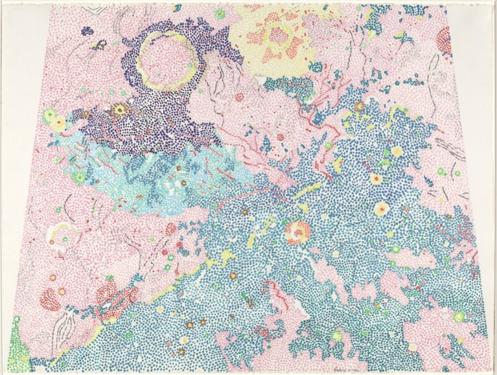 A graphic drawing based on NASA images of the Montes Apenninus Region of the Moon, a rugged mountain range on the northern part of the Moon's near side. The drawing utilized colorful dots and organic lines to symbolize the topographic nature of the original photograph that was taken by the Lunar Reconnaissance Orbiter.